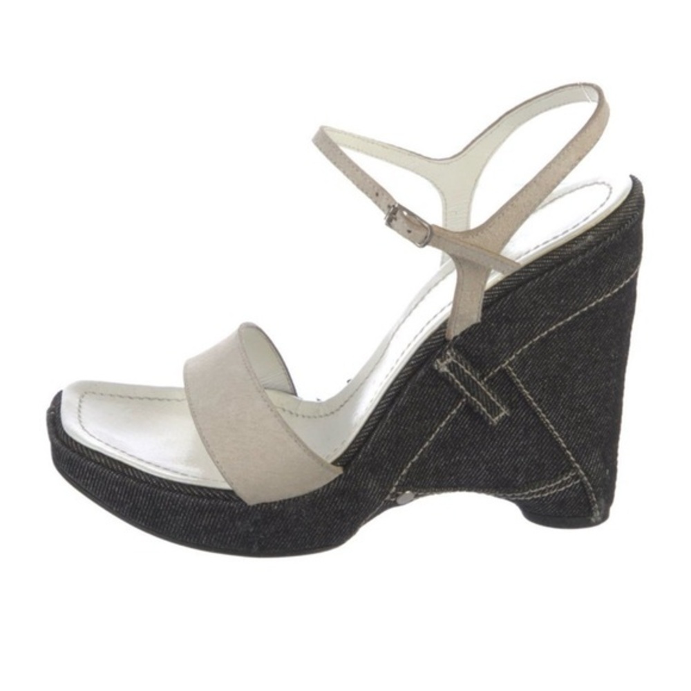 Casadei Taupe Leather & Denim Platform Wedge Sandals Size 7 womens